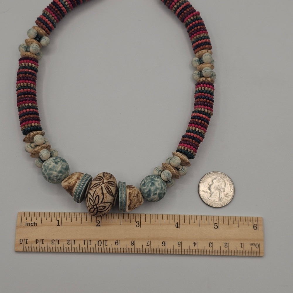Beaded Statement Necklace Multicolor Boho Tribal Chunky Earthy - Picture 5 of 12